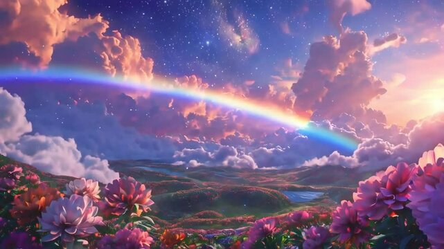 Magical landscape with rainbow, stars, and blooming peonies under a vibrant sunset sky.