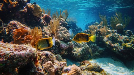 Obraz premium Two fish swimming in the ocean near coral