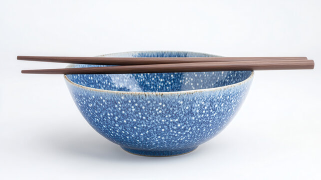 A wooden pair of chopsticks with a smooth polished finish resting on a round bowl made of vibrant blue ceramic with intricate white patterns, white background, hyper-detailed, clear subject separation