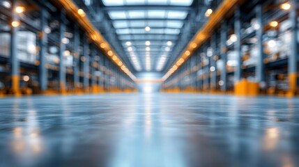 Abstract Blurred Empty Warehouse Interior Background With Defocused Lights And Reflective Floor