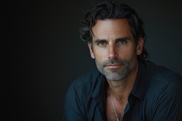 Fototapeta premium Portrait of a Confident Man with Dark Hair and Intense Gaze