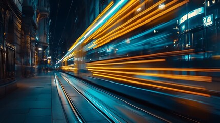 Fototapeta premium Night City Tramway, Fast Motion Blurred Light Trails