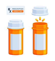 Set of opened and closed Rx prescription medicine bottles with orange pill capsules. Pharmacy, healthcare, and medical concept. Flat vector illustration isolated on a white background with copy space