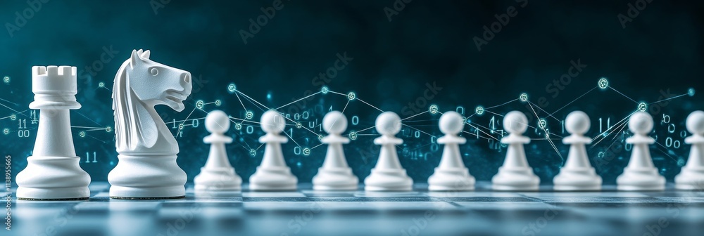 Poster white knight leading chess pawns on checkerboard, with network graphic and binary code in background