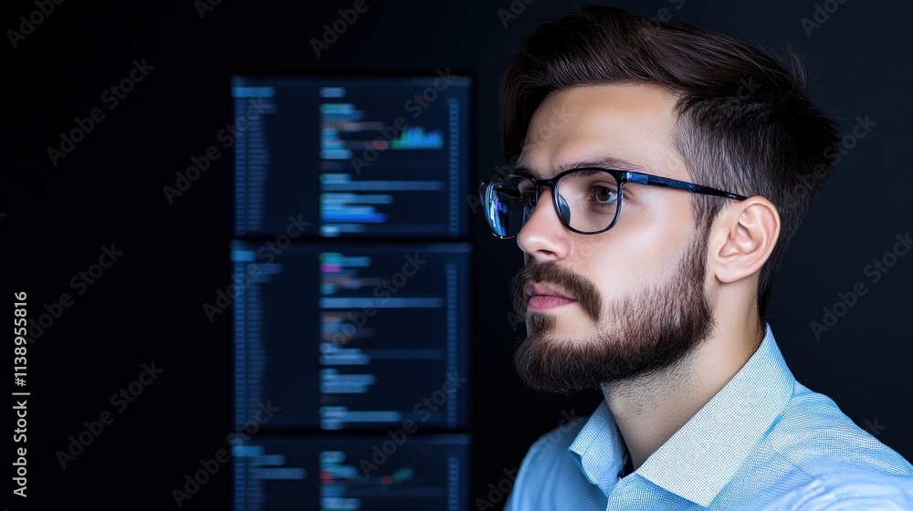 Poster a focused individual with glasses in front of coding screens.