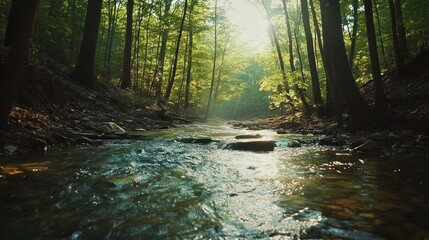 Obraz premium Sunlit forest stream flows through trees.