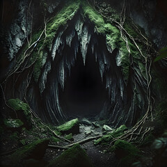 Dark Cave Entrance in a Mossy Forest
