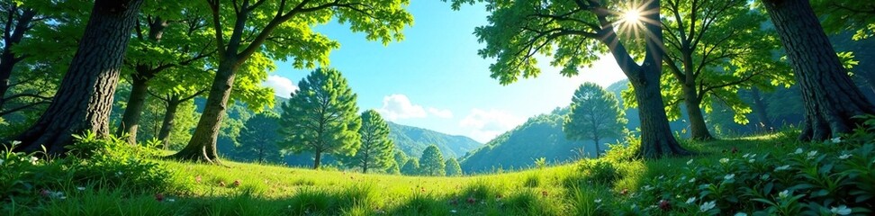 Forest landscape with a clear blue sky and trees, woodland, leaves, greenery