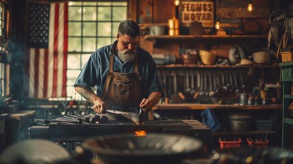 An experienced craftsman works diligently in a historic workshop, surrounded by tools and an American flag, demonstrating skill and focus in metal crafting.