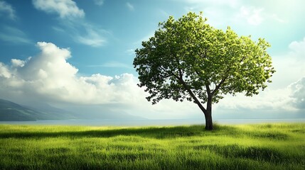 Obraz premium Solitary Tree in a Lush Meadow. Concept of peace, tranquility, and nature.