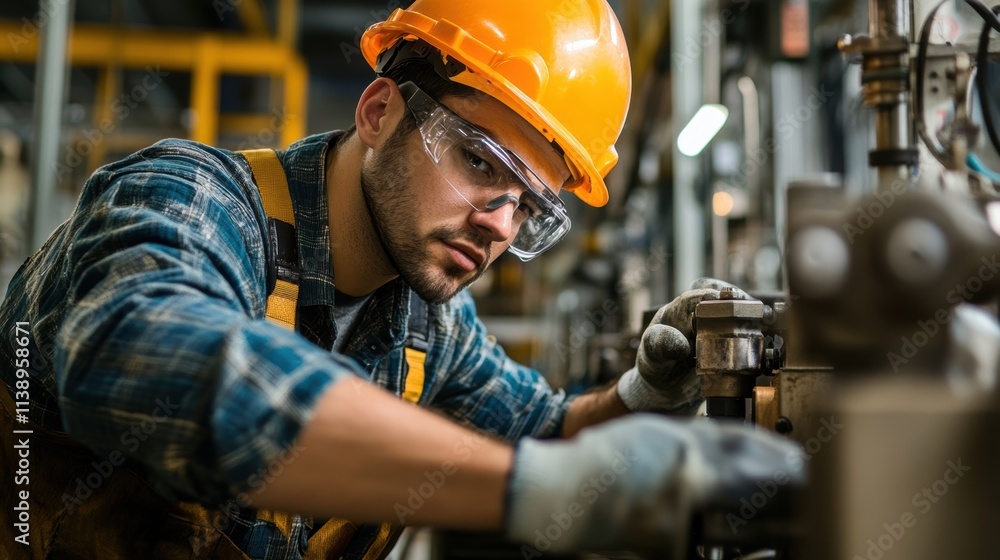 Poster an assembly line worker using an ergonomic tool showcasing a focus on efficiency with streamlined mo