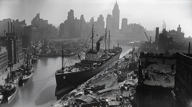 A large cargo ship docked at an industrial port, with a city skyline in the background.