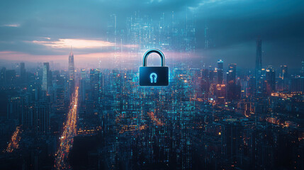 Glowing Padlock hologram, night panoramic city view
