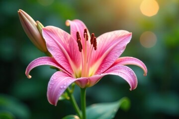 Obraz premium Delicate pink lily petals unfolding in morning dew, flowers, lily, pink