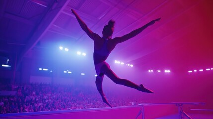 Gymnasts leaps in illuminated arena.