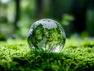Crystal globe glass on green moss in forest to protect nature Save and care World for sustainable