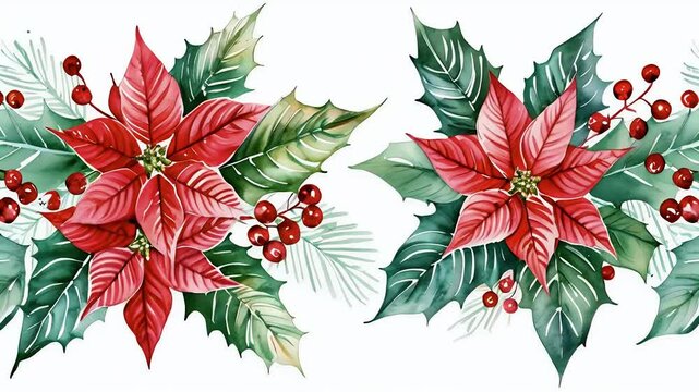 Watercolor Christmas poinsettia flowers, holly, berries and pine seamless pattern.