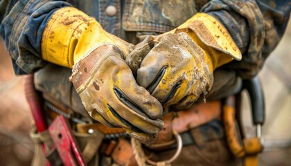 Worker?s hands in dirty gloves, preparing for a task.