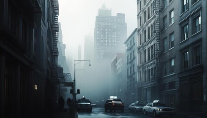 A foggy urban street with taxis and towering buildings.