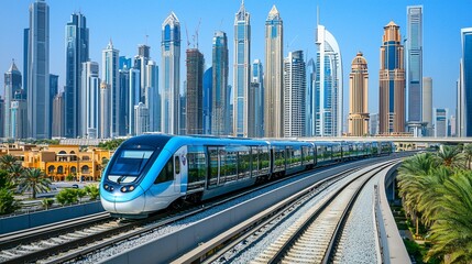 Modern light rail train on elevated tracks with a city skyline in the background.