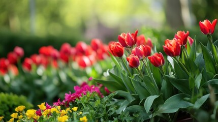 Fototapeta premium A vibrant display of tulips and flowers in a lush garden setting.