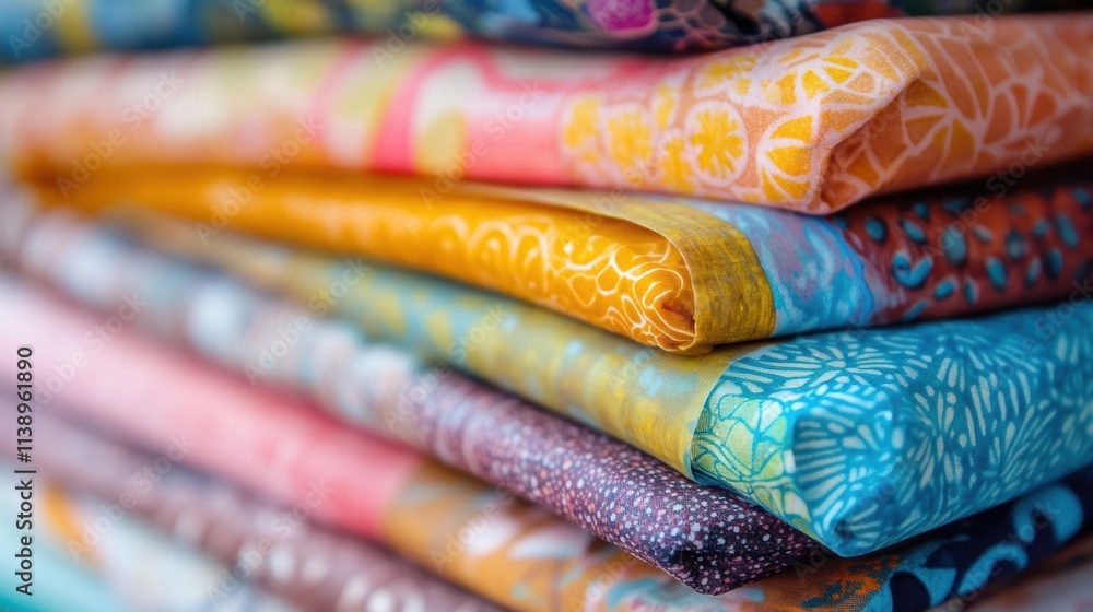 Poster a detailed closeup of a stack of reusable beeswax wraps showcasing the colorful patterns and the tex