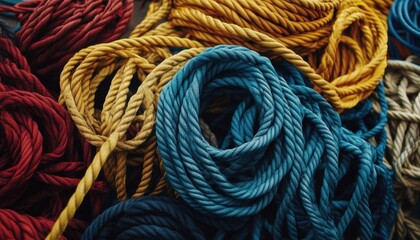A colorful assortment of ropes in various textures and colors.