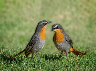 Cape robin chat photographed near Cape Town South Africa. Two birds standing on a green grassy field. They are looking at each other