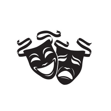icon of comedy and tragedy theatrical masks with ribbon isolated on white background