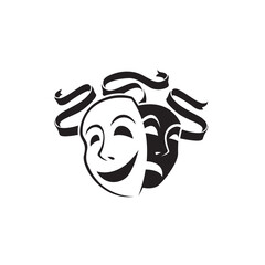 icon of comedy and tragedy theatrical masks with ribbon isolated on white background
