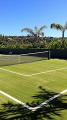 Fototapeta premium A well-maintained tennis court surrounded by greenery and palm trees.