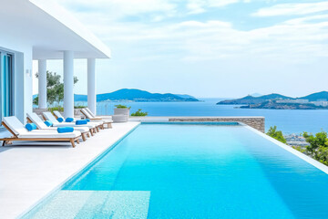 Fototapeta premium Terrace in villa with swimming pool clear blue water with stunning sea view and sky