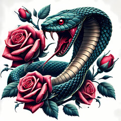 3D Ai Digital illustration art Green Rattlesnake with Tattoo logo design,  poison, dragon, golden, cobra snake, vibrant, pink roses, danger, Iron wire, print, t-shirt, stickers, white background 