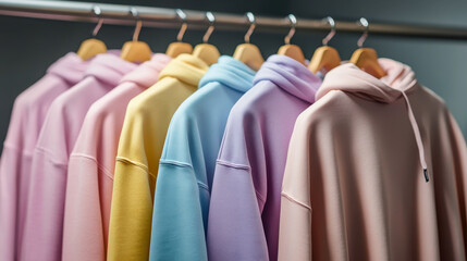 Obraz premium Row of colorful row t-shirts with sweatshirt hanging on hangers on a white background