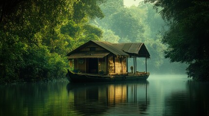 Fototapeta premium Houseboat floats on a river surrounded by lush green forest.