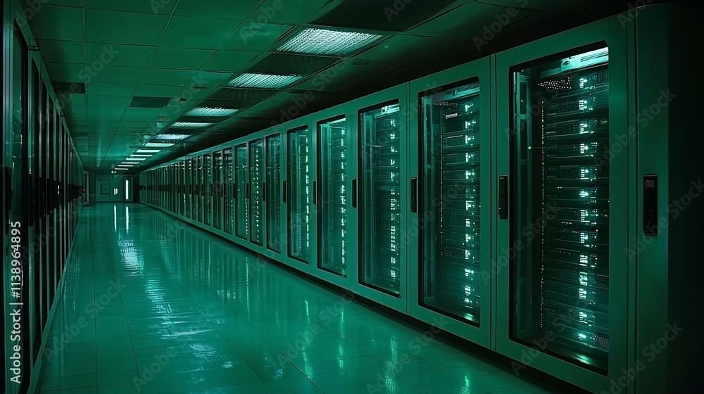 Poster green-lit server room corridor with rows of data storage racks.