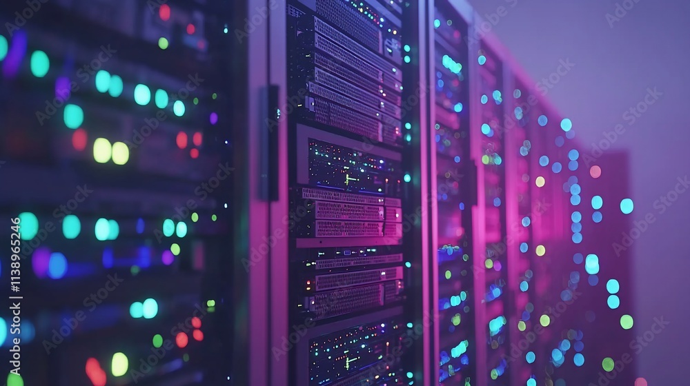 Poster illuminated server racks in a data center.
