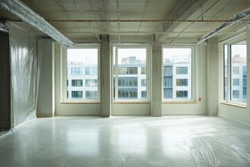 Fototapeta premium Empty room with large windows and plastic coverings, under construction.