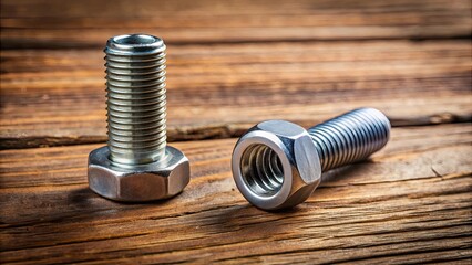 bolt and nut on a wooden table, carpentry tools, hardware, machinery parts, workshop