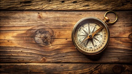vintage compass on an old wooden table, antique map, travel, navigation