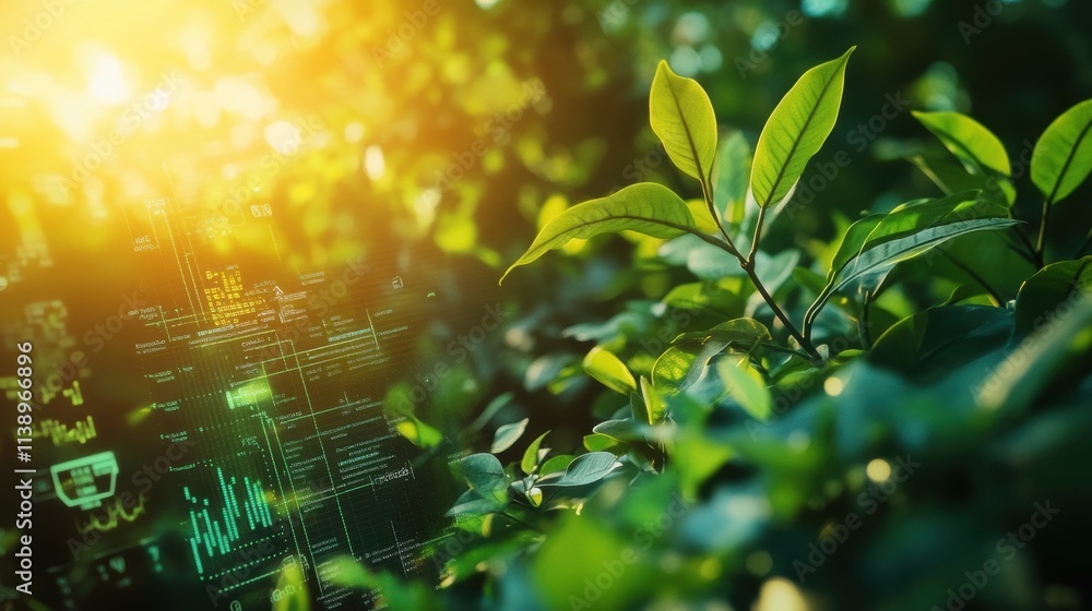Poster an intricate shot of a digital dashboard displaying energy consumption data with leafy plants thrivi