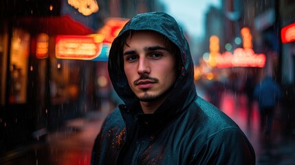 Fototapeta premium Man in hooded coat in rainy city street.