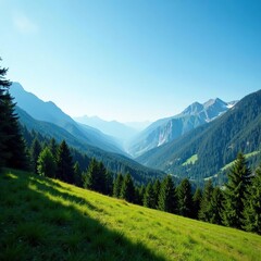 Fototapeta premium Forests and mountains blend seamlessly under the clear blue sky, scenery, atmosphere