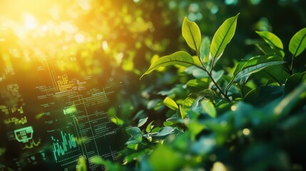 An intricate shot of a digital dashboard displaying energy consumption data with leafy plants thriving in the foreground symbolizing a balance between technology and nature.