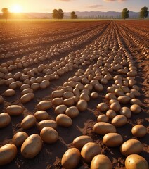 Obraz premium Field of potatoes with the warm light of sunset casting long shadows, potatoes, sunlight, agriculture