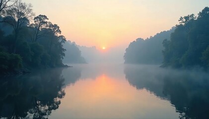 Obraz premium Dense fog rolls over the river's calm surface, morning, mist