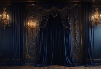 Dark blue velvet fabric draped over a wall with a dramatic chandelier and intricate carvings , grandeur, luxurious finishes, intricate carvings