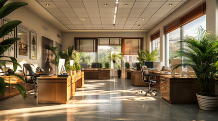 Fototapeta premium Empty office with Original concrete ceiling and wooden furniture