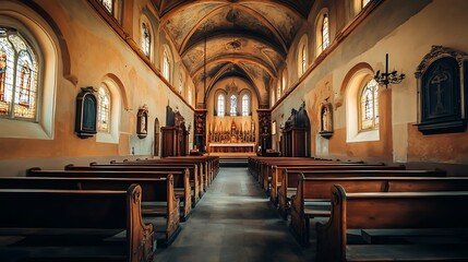 Fototapeta premium Empty church interior, historical architecture. Concept of faith, spirituality, and religion.