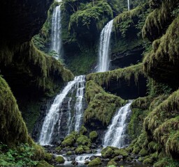 Obraz premium A serene waterfall cascading through lush greenery and mossy rocks in a tranquil environment.